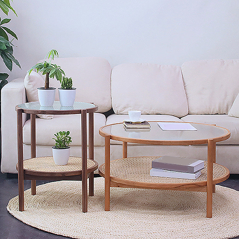 4 Legs Bunching Table with Solid Wood Base Round Coffee Table with Tempered Glass Top