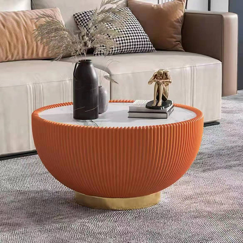 Slate Round Top Coffee Table Faux Leather Solid Base Cocktail Table