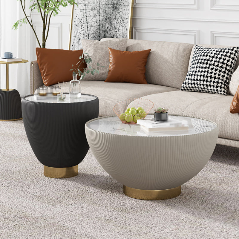 Slate Round Top Coffee Table Faux Leather Solid Base Cocktail Table