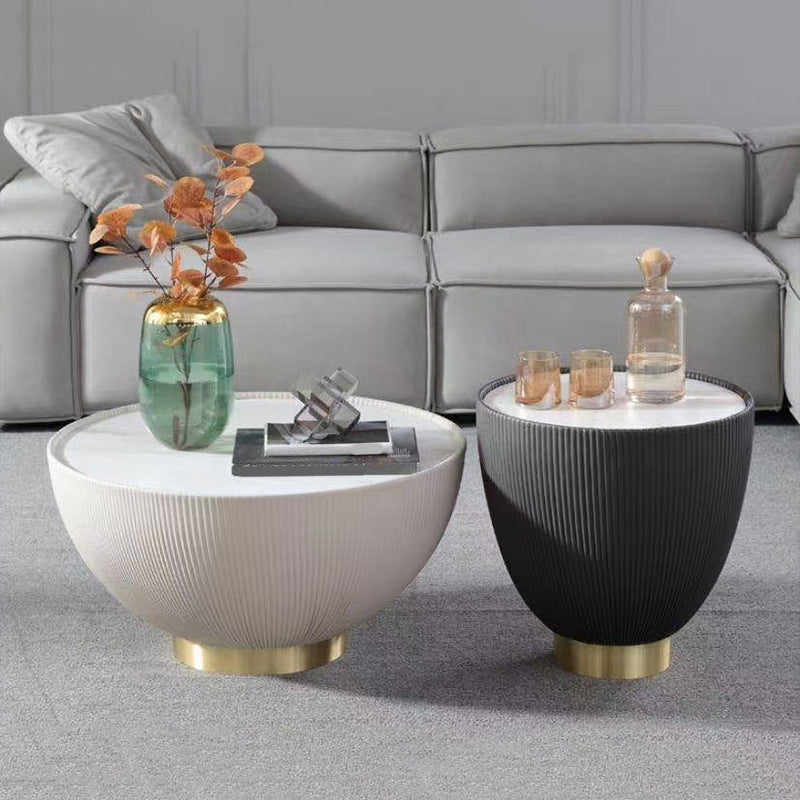 Slate Round Top Coffee Table Faux Leather Solid Base Cocktail Table