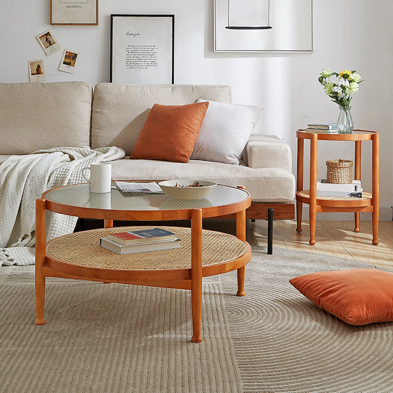 Modern 4 Legs Wood Base Glass Round Top Coffee Table for Apartment