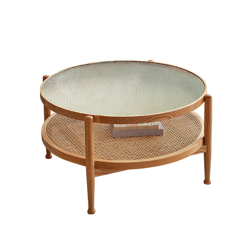 Modern 4 Legs Wood Base Glass Round Top Coffee Table for Apartment
