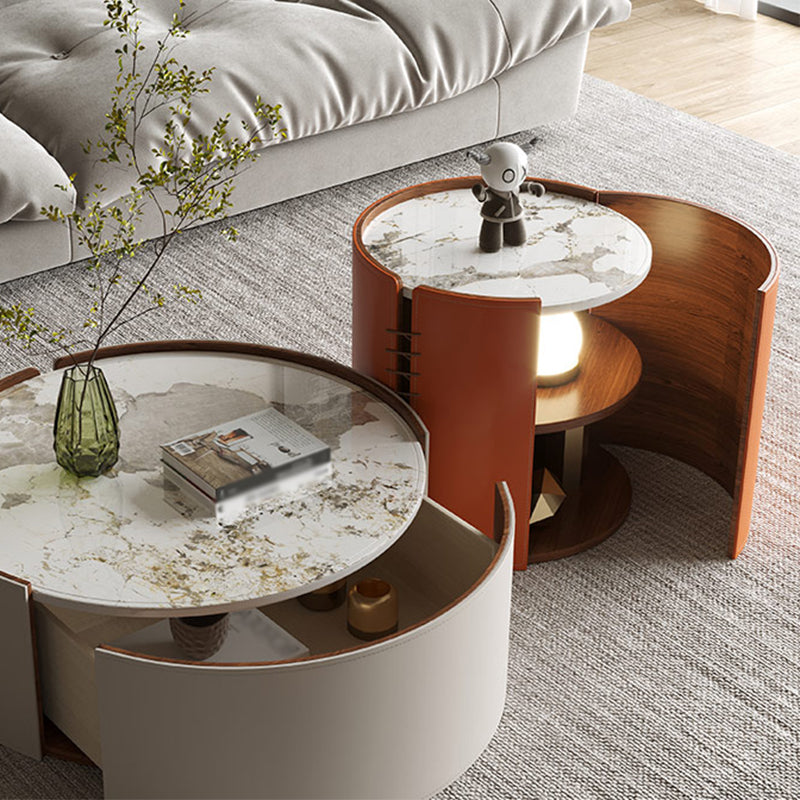 Modern Drum Base Solid Leather Round Table Coffee Table with Storage