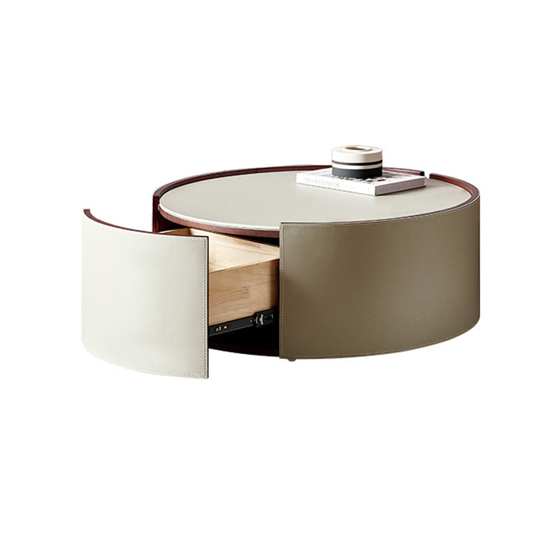 Modern Drum Base Solid Leather Round Table Coffee Table with Storage