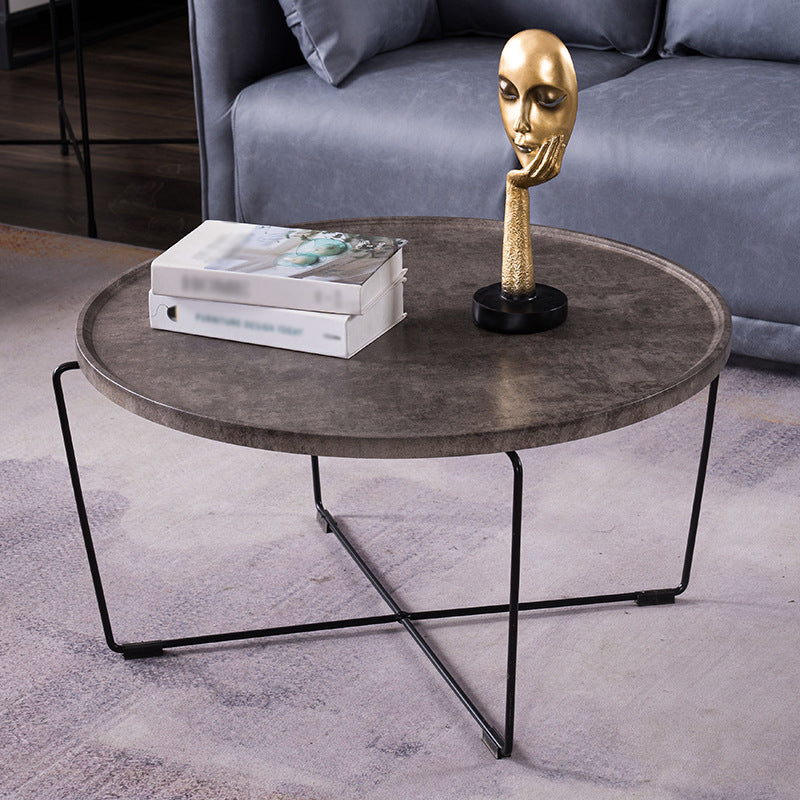 Cross Leg Base Design White/grey Faux Wood Top Metal Iron Round Coffee Table