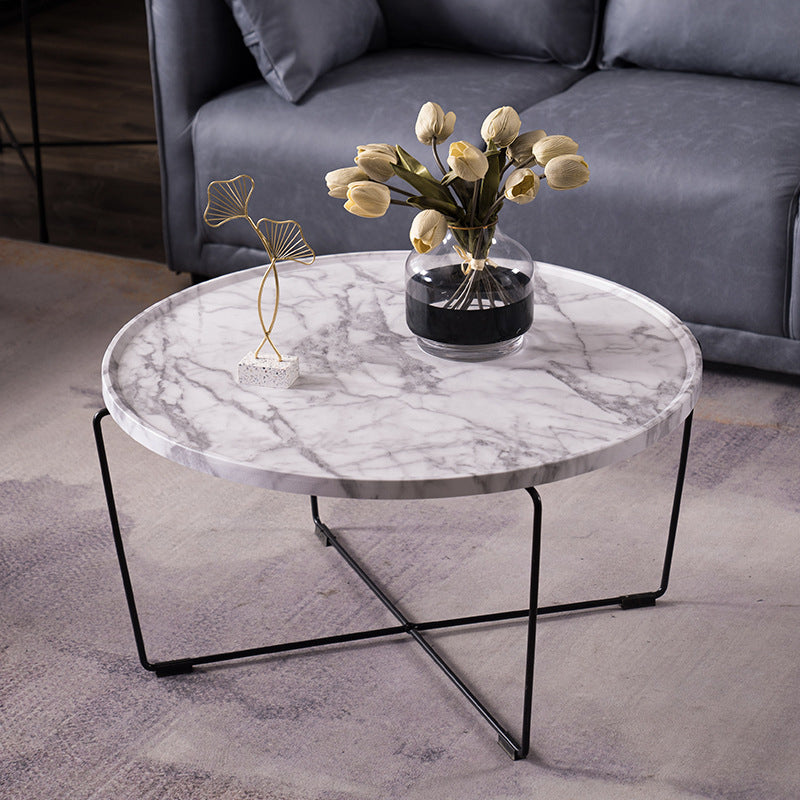 Cross Leg Base Design White/grey Faux Wood Top Metal Iron Round Coffee Table