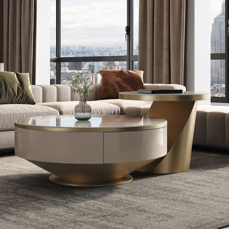 Modern Light Luxury Coffee Table Round Slate Coffee Table with Storage Drawer