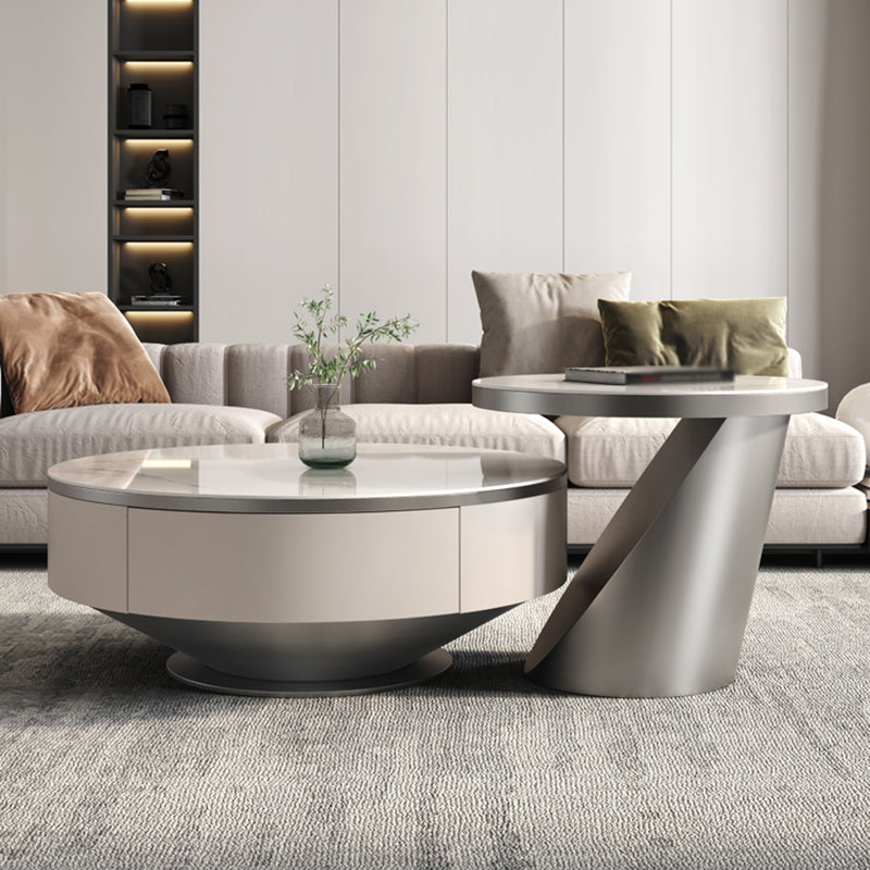 Modern Light Luxury Coffee Table Round Slate Coffee Table with Storage Drawer