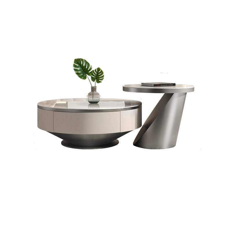 Modern Light Luxury Coffee Table Round Slate Coffee Table with Storage Drawer