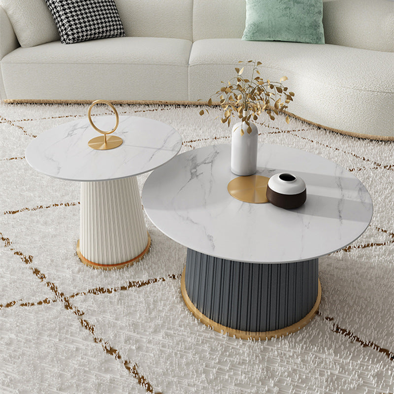 Modern Style Round Coffee Table with Drum Base Metal Design Rock Plate Top