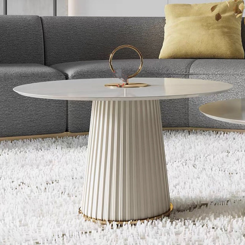 Modern Style Round Coffee Table with Drum Base Metal Design Rock Plate Top