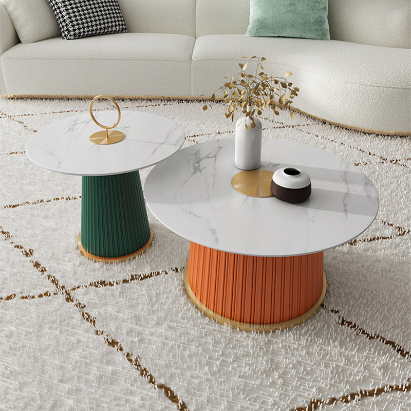 Modern Style Round Coffee Table with Drum Base Metal Design Rock Plate Top