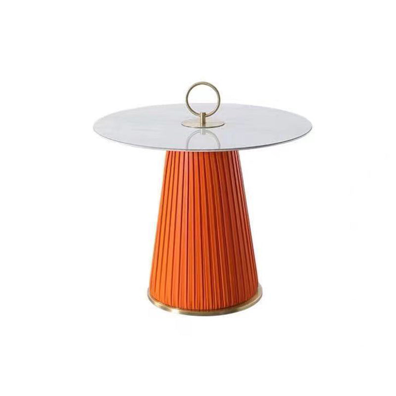 Modern Style Round Coffee Table with Drum Base Metal Design Rock Plate Top