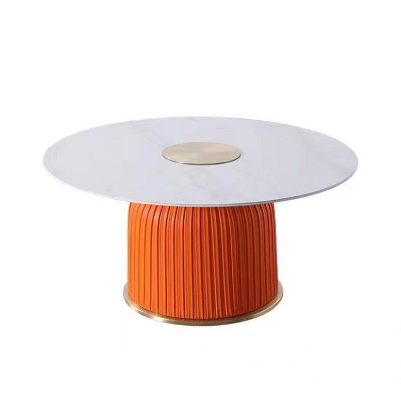 Modern Style Round Coffee Table with Drum Base Metal Design Rock Plate Top