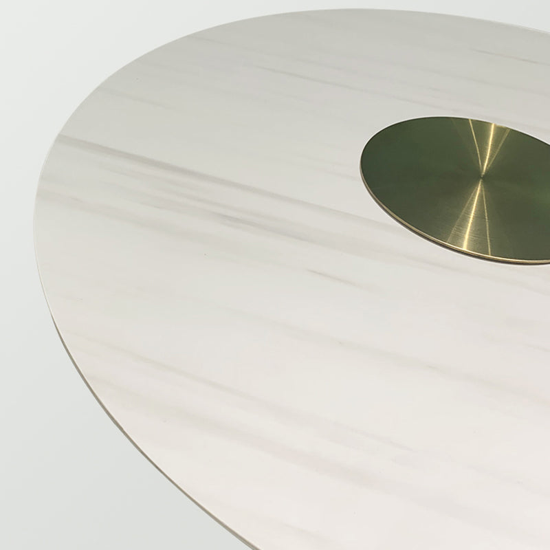 Modern Style Round Coffee Table with Drum Base Metal Design Rock Plate Top