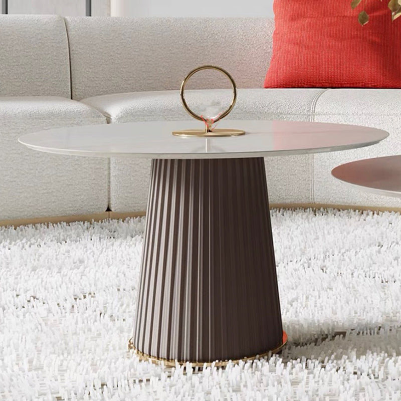 Modern Style Round Coffee Table with Drum Base Metal Design Rock Plate Top