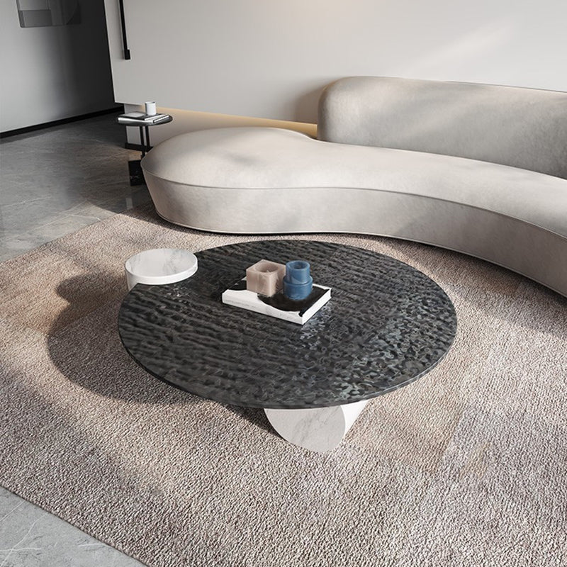 Modern Style Slate & Glass Round Coffee Table with White Base and Black/white Top