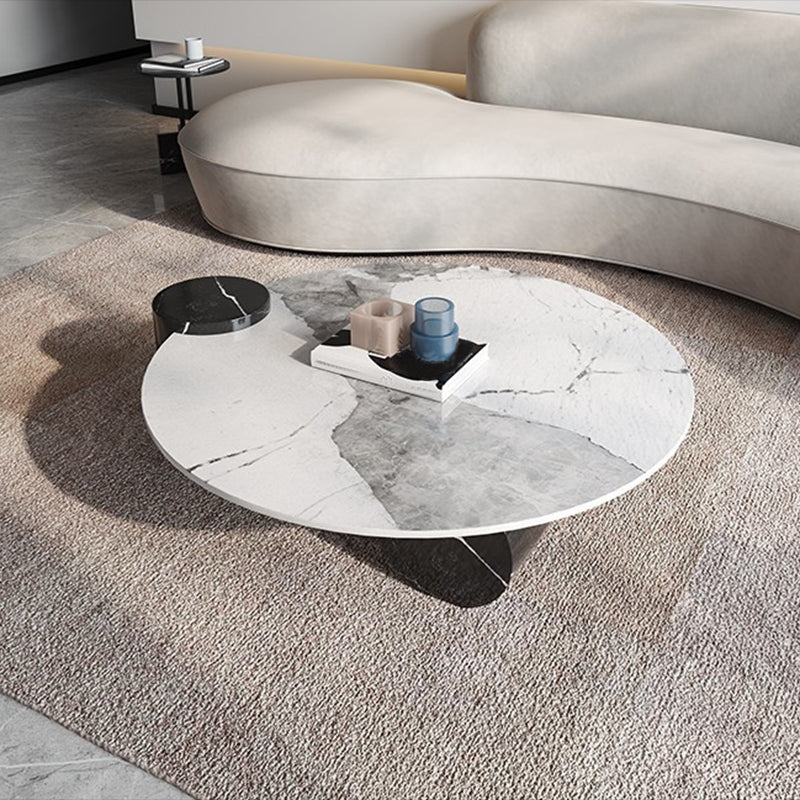 Modern Style Slate & Glass Round Coffee Table with White Base and Black/white Top