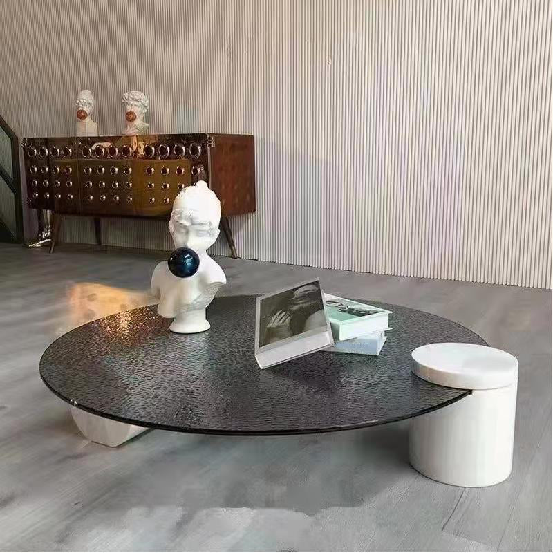 Modern Style Slate & Glass Round Coffee Table with White Base and Black/white Top