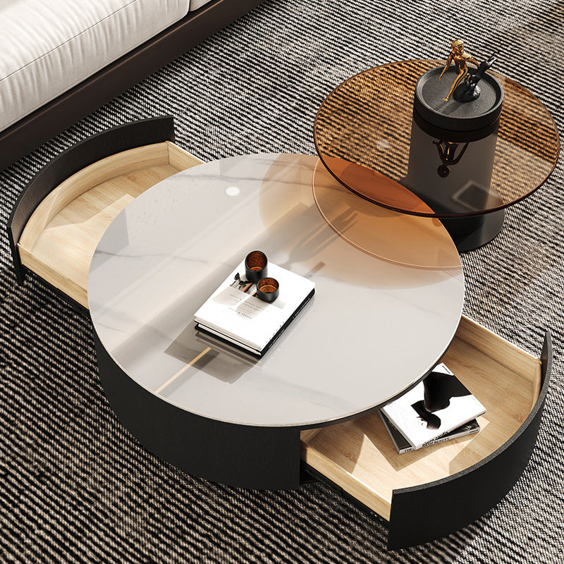 Modern Style Slate Grey/white Top Black Wood Base Round Coffee Table