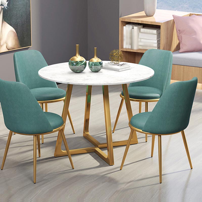 Glam Style Round Stone Top Kitchen Table Gold Base Dining Table in White