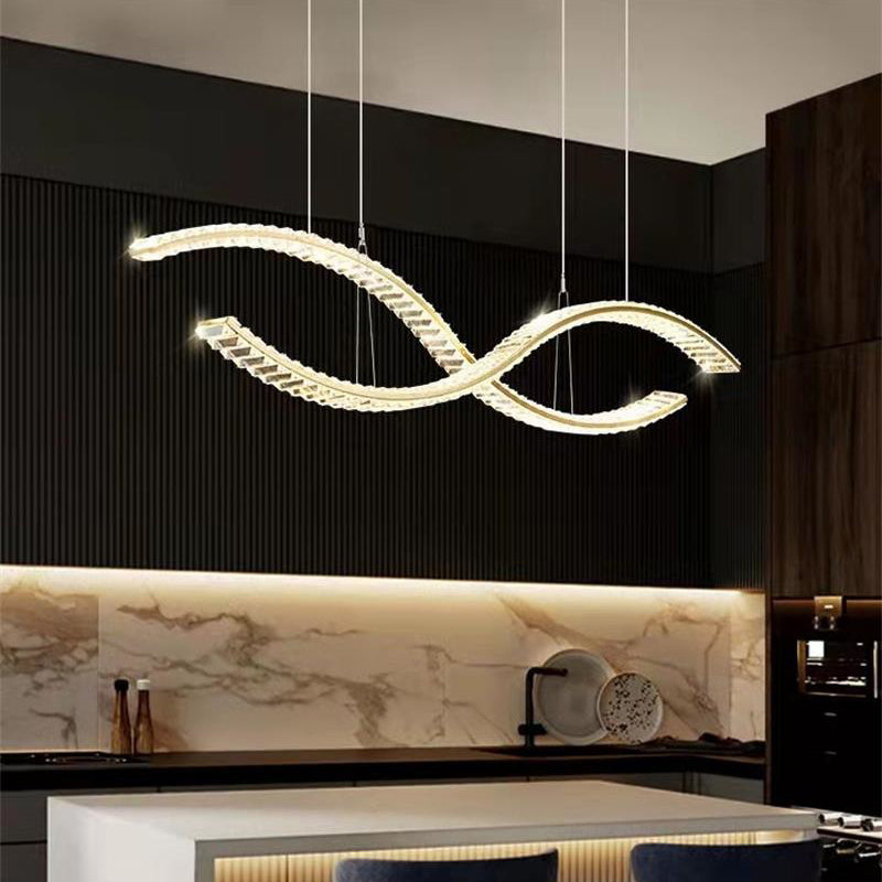 Modern LED Island Light Gold Wavy Crystal Suspension Light for Dining Room