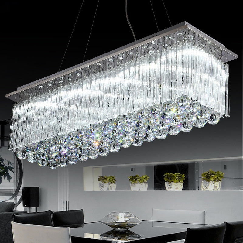 Rectangular Dining Room Island Lighting Luxury Crystal Modern LED Hanging Light in Silver