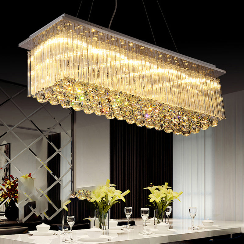 Rectangular Dining Room Island Lighting Luxury Crystal Modern LED Hanging Light in Silver