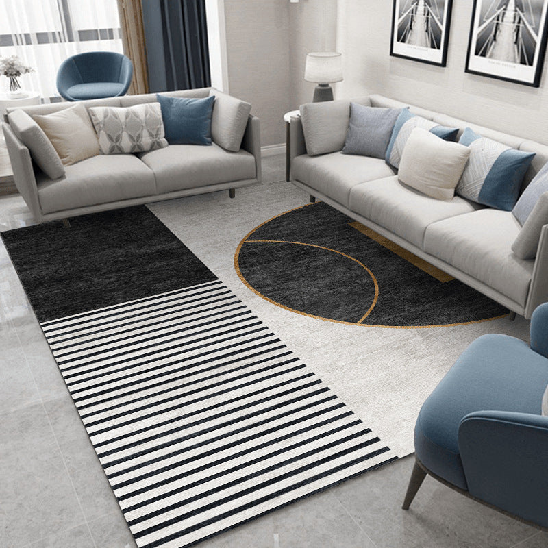 Black Modern Rug Polyester Striped Area Rug Stain Resistant Rug for Living Room