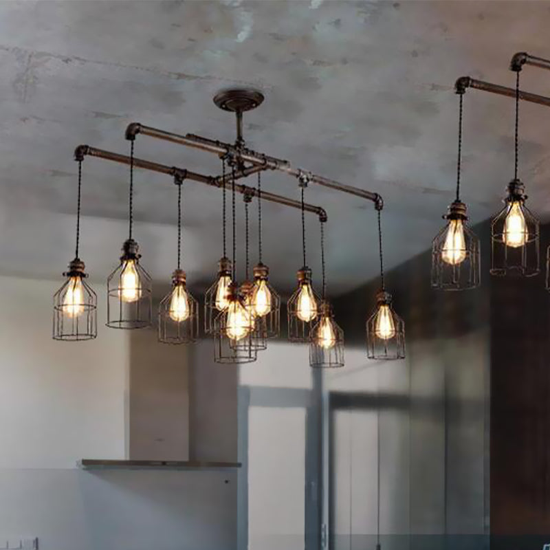6/10 Bulbs Island Pendant Light Industrial Cage Iron Hanging Lamp Fixture in Aged Silver with Double Pipe Rod