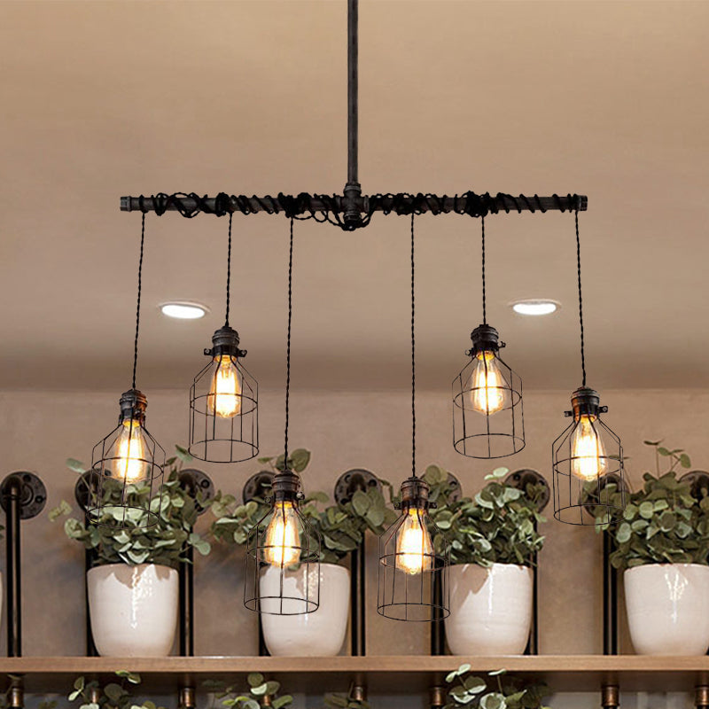 6/10 Bulbs Island Pendant Light Industrial Cage Iron Hanging Lamp Fixture in Aged Silver with Double Pipe Rod