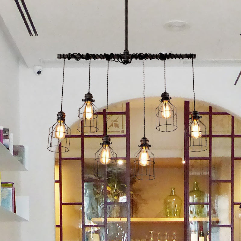 6/10 Bulbs Island Pendant Light Industrial Cage Iron Hanging Lamp Fixture in Aged Silver with Double Pipe Rod
