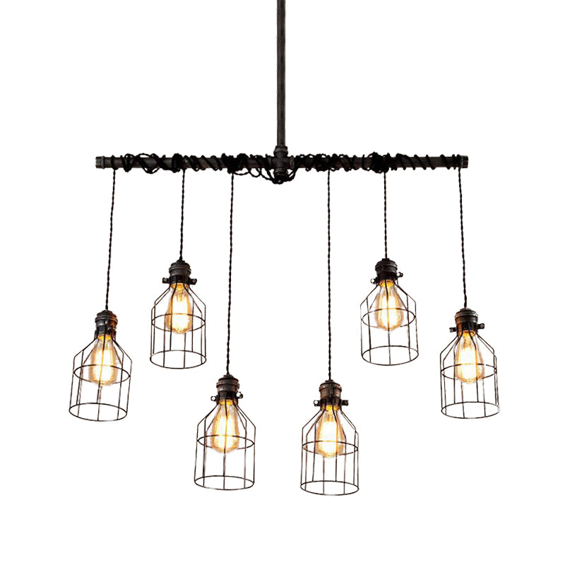 6/10 Bulbs Island Pendant Light Industrial Cage Iron Hanging Lamp Fixture in Aged Silver with Double Pipe Rod
