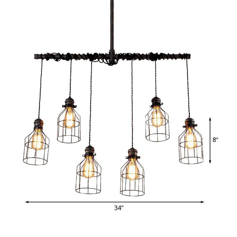 6/10 Bulbs Island Pendant Light Industrial Cage Iron Hanging Lamp Fixture in Aged Silver with Double Pipe Rod