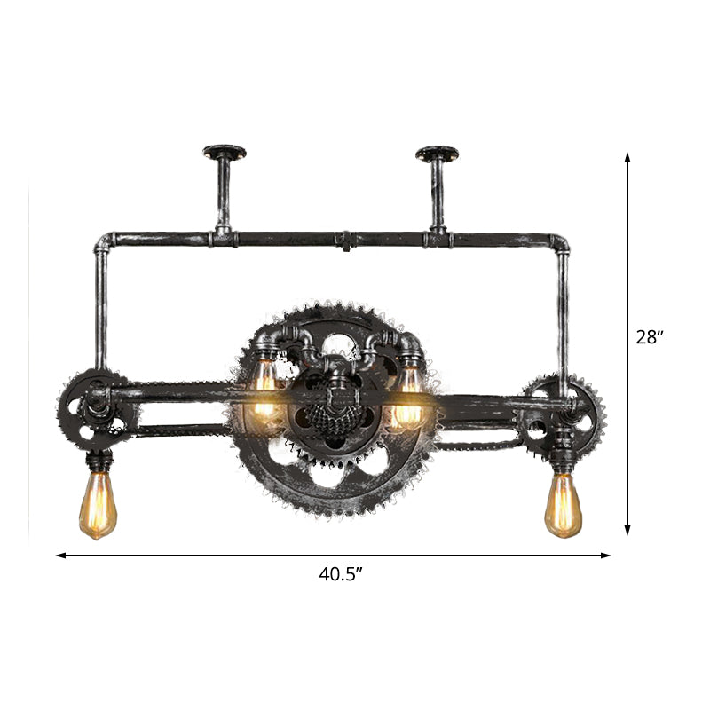 Bike-Like Metallic Hanging Lighting Vintage 6-Light Restaurant Island Lamp Fixture in Black
