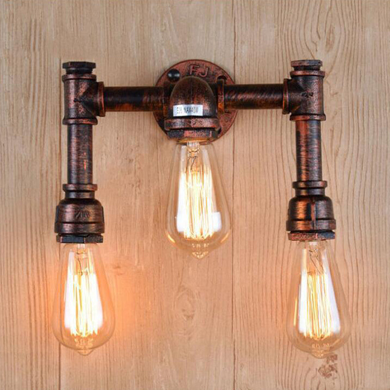 Copper 3 Heads Sconce Light Fixture Vintage Iron Exposed Bulb Wall Mounted Lamp for Bar