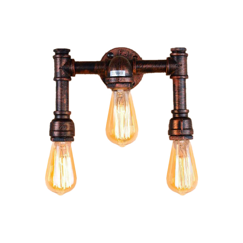 Copper 3 Heads Sconce Light Fixture Vintage Iron Exposed Bulb Wall Mounted Lamp for Bar