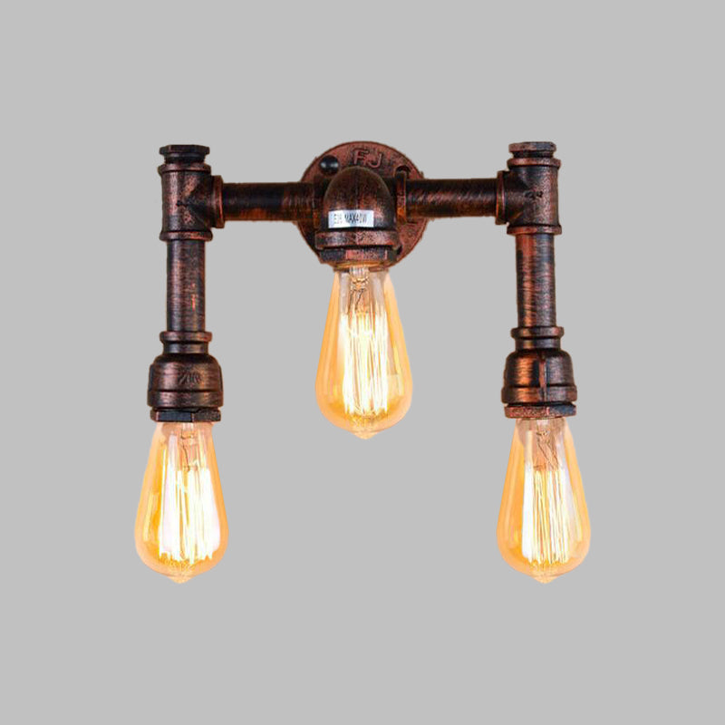 Copper 3 Heads Sconce Light Fixture Vintage Iron Exposed Bulb Wall Mounted Lamp for Bar