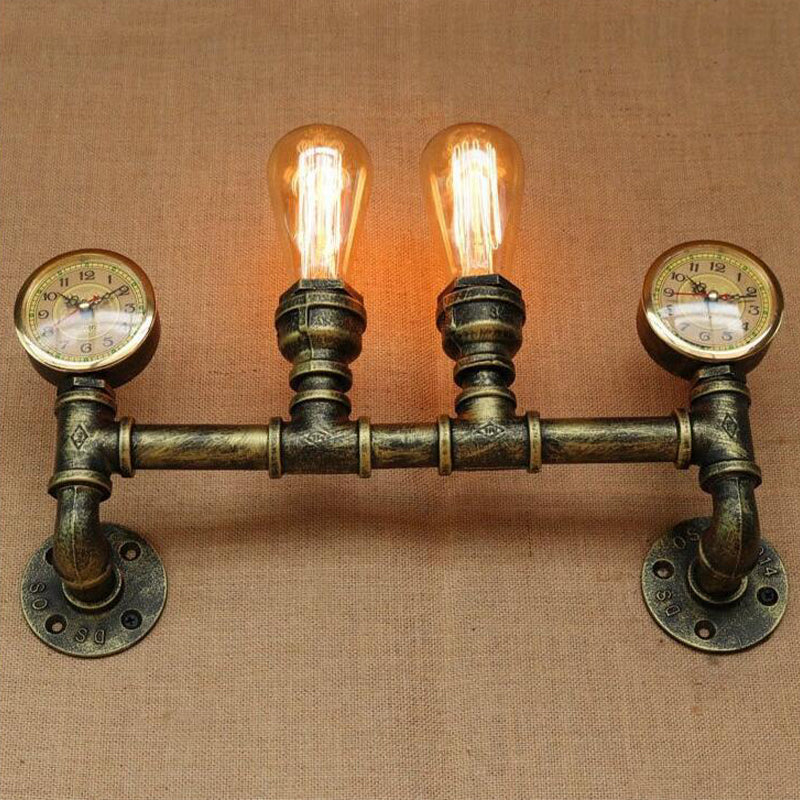 Iron Brass Finish Wall Mount Lamp Pipe and Gauge 2 Lights Farmhouse Wall Mount Sconce Light