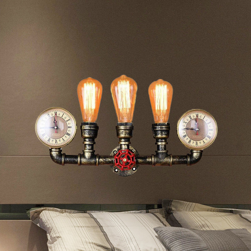 3-Head Iron Wall Lighting Industrial Brass Bare Bulb Hallway Wall Mount Pipe Lamp with Valve and Gauge Deco