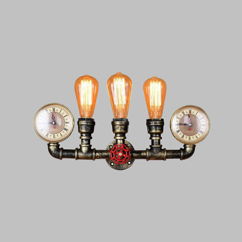3-Head Iron Wall Lighting Industrial Brass Bare Bulb Hallway Wall Mount Pipe Lamp with Valve and Gauge Deco