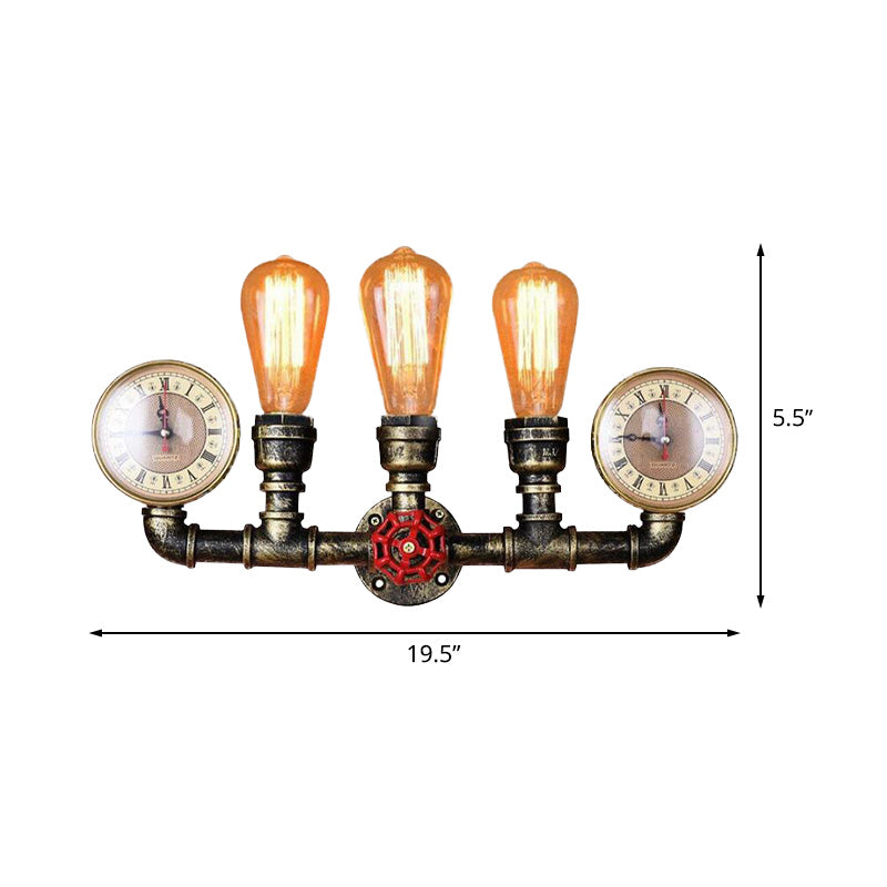 3-Head Iron Wall Lighting Industrial Brass Bare Bulb Hallway Wall Mount Pipe Lamp with Valve and Gauge Deco