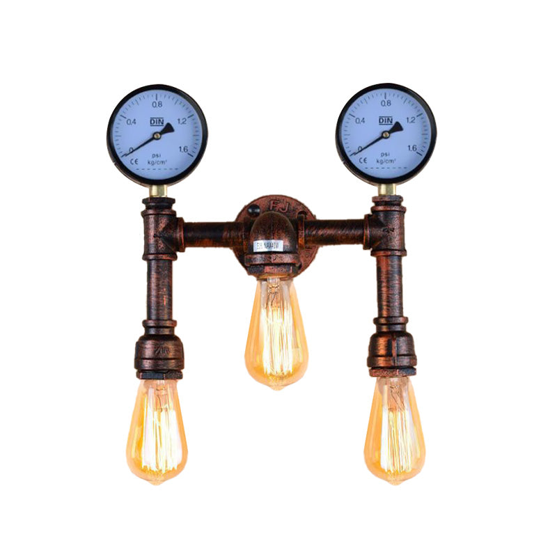 3 Bulbs Wall Light Fixture Vintage Water Pipe Metal Wall Sconce Lamp in Copper with 2-Gauge Deco