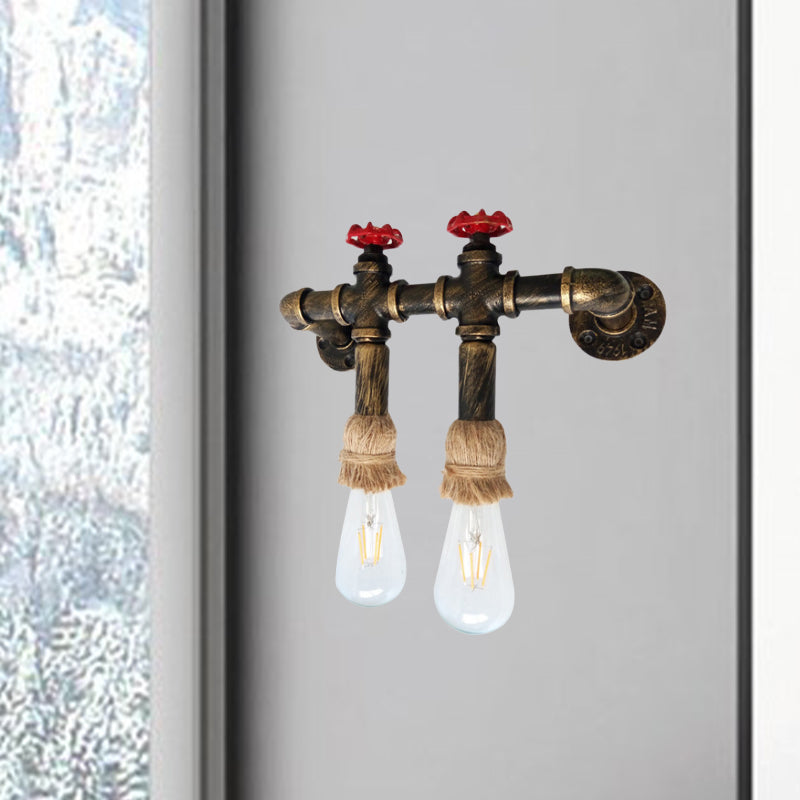Antique Brass 2-Head Sconce Lighting Industrial Metal Water Pipe and Valve Wall Mount Lamp with Rope Top