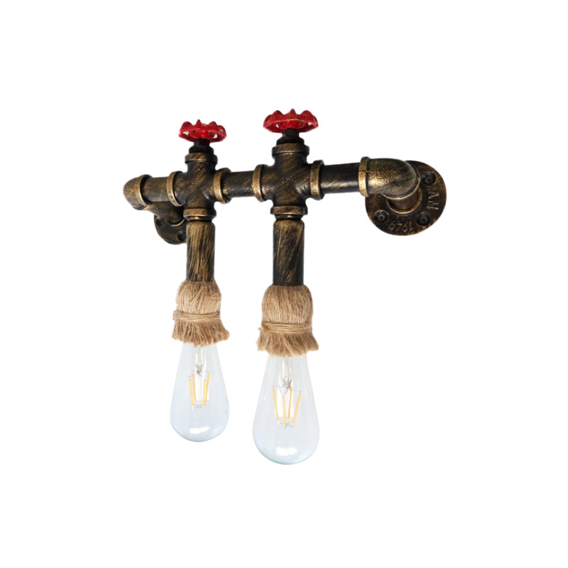 Antique Brass 2-Head Sconce Lighting Industrial Metal Water Pipe and Valve Wall Mount Lamp with Rope Top