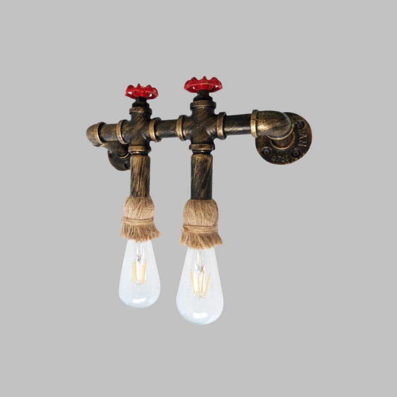 Antique Brass 2-Head Sconce Lighting Industrial Metal Water Pipe and Valve Wall Mount Lamp with Rope Top