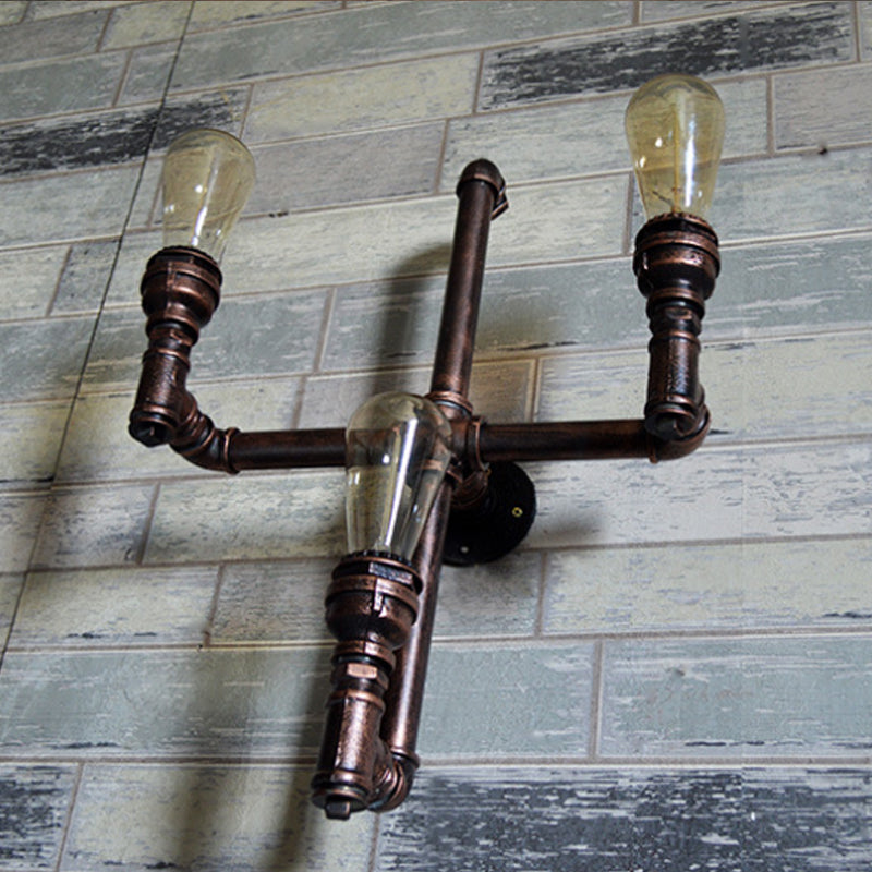 Farmhouse Crossing Pipe Sconce Lighting 3 Bulbs Metallic Wall-Mounted Lamp in Rust