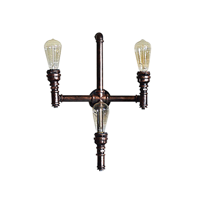Farmhouse Crossing Pipe Sconce Lighting 3 Bulbs Metallic Wall-Mounted Lamp in Rust