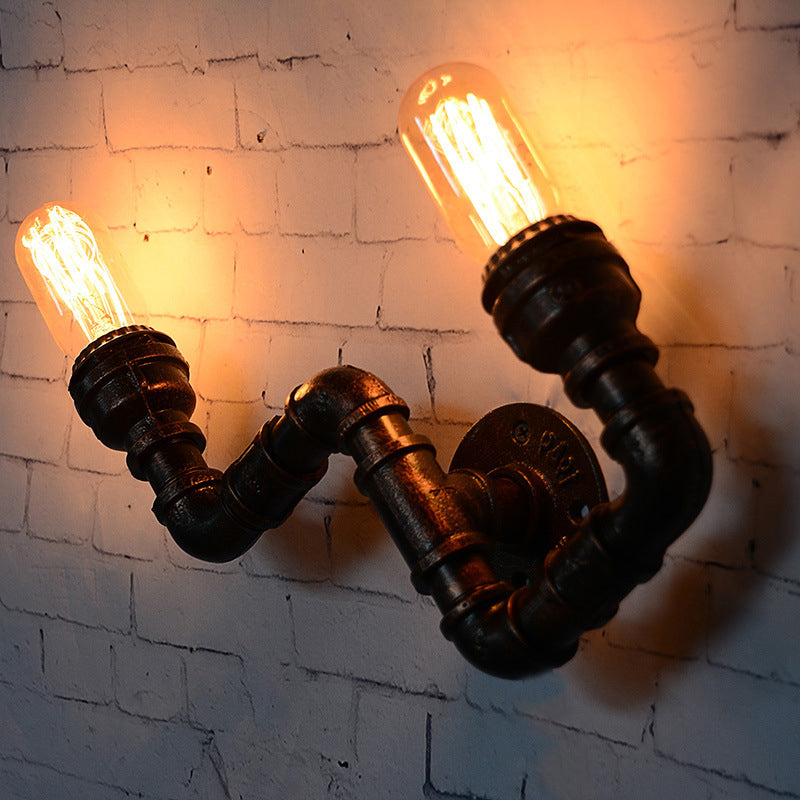 Metallic Curved Arm Sconce Lighting Fixture Industrial 2-Head Hallway Wall-Mounted Lamp in Rust