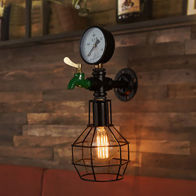 Vintage Wire Cage Wall Sconce Light 1 Bulb Metal Wall Mounted Lamp Fixture in Black with Water Tap and Gauge Deco